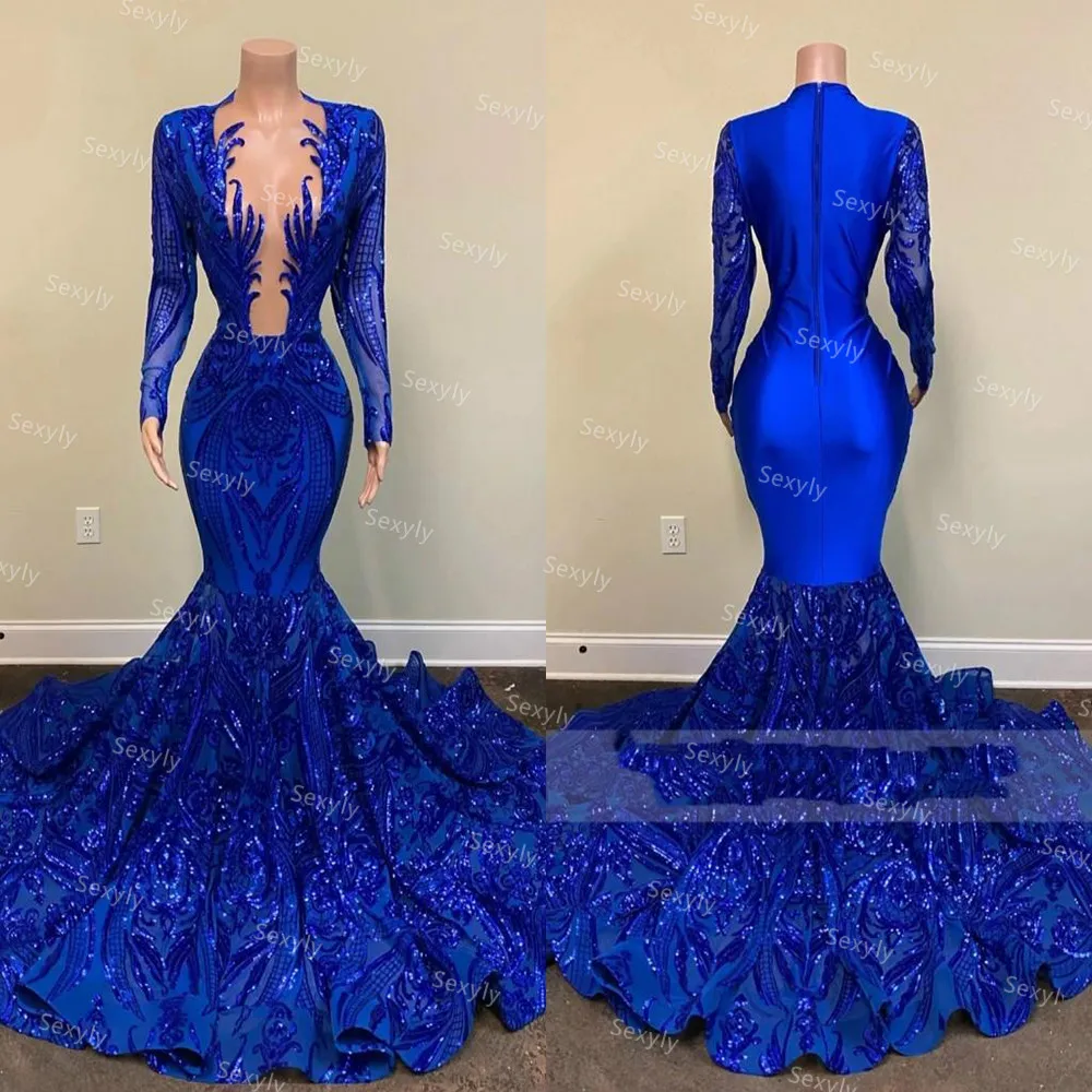 

Bling Royal Blue Mermaid Evening Dress Glitter Lace Sequin African Black Girl Prom Dresses Long Sleeve Arabic Formal Dress 2021