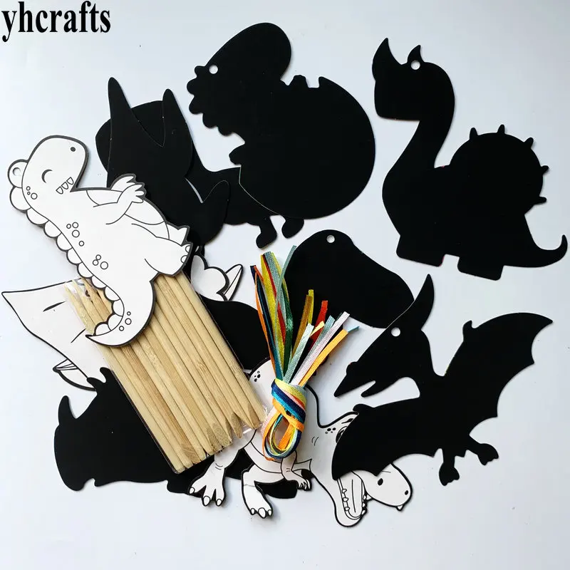

12PCS/LOT.Double side dinosaur scratch arts Sauropoda scraping painting Kids DIY toy Early educational Kindergarten crafts OEM