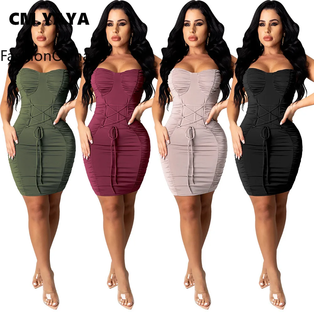 

F.O Summer Solid Sleeveless Spaghetti Strap Mini Dress for Women Sexy Sheath Criss-cross Drawstring Design Party Dresses