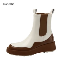 2021 new retro genuine leather shoes women chelsea boots stretch slip on autumn winter flat platform shoes women ankle boots