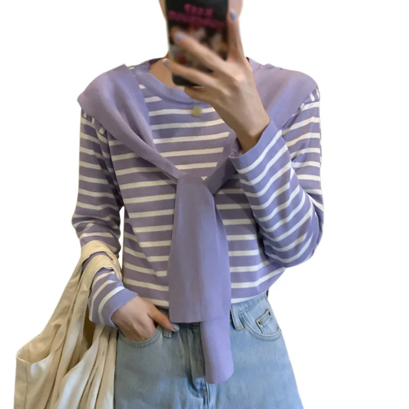 

Shawl Top Women Loose Korean Student Striped Long-Sleeved Sweater Small And Fresh Style Pullovers Five Colors Round Neck