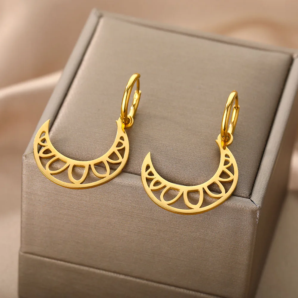 

RXSMll Hollow Moon Drop Earrings For Women Gold Silver Color Stainless Steel Female Long Dangle Hanging Earring Jewelry Gift