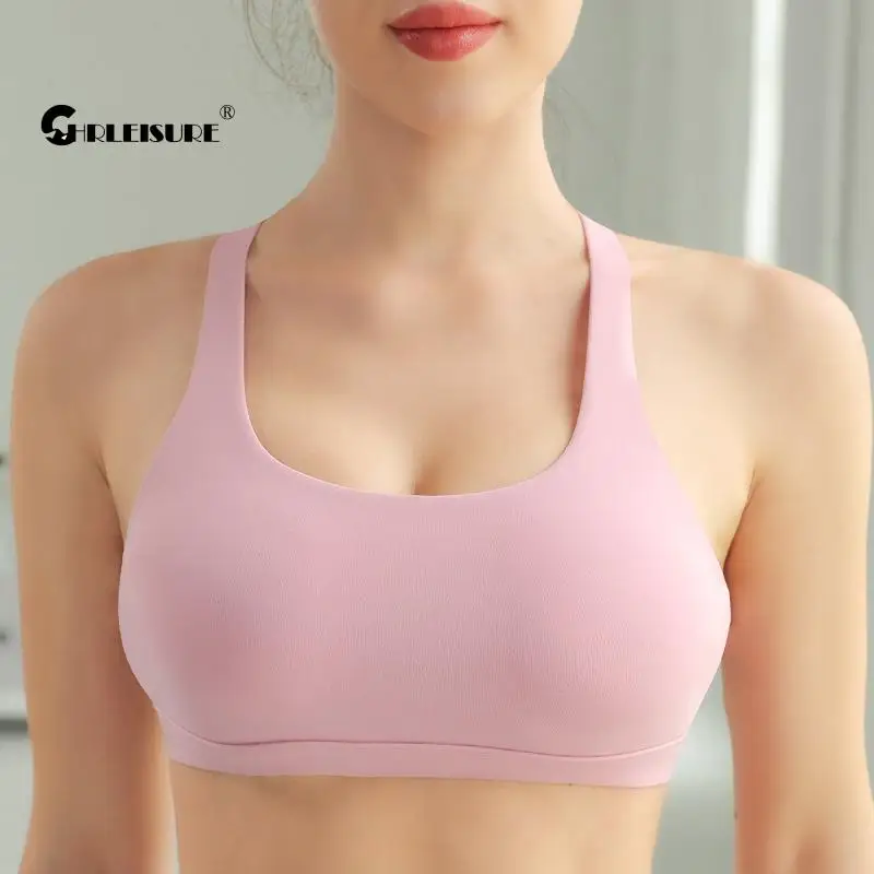 

CHRLEISURE External Wear Sports Top No Rims Gather Round Neckline Cross Shoulder Straps Yoga Bra Slim Breathable Underwear