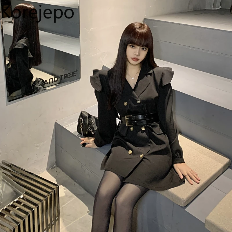 

Женское платье в Корейском стиле, Осень-зима 2021, новая Корейская версия, Черное короткое платье с длинными рукавами и поясом, темпераментное...