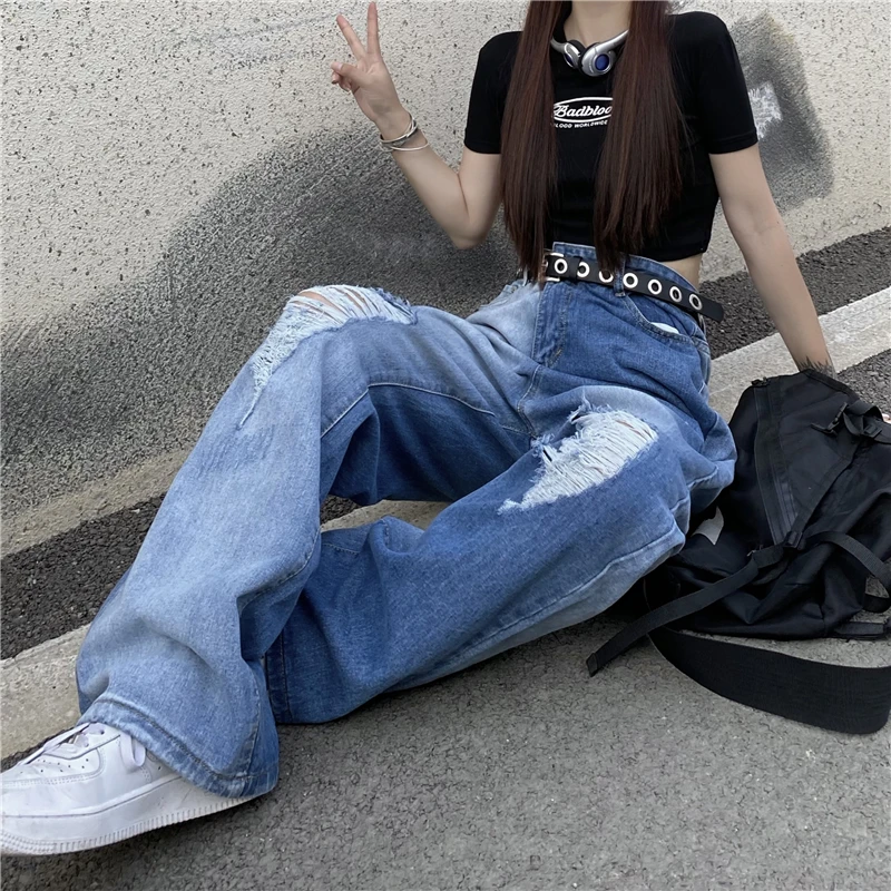 

High Waist Women's Ripped Jeans Harajuku Streetwear Vintage Straight Baggy Wide Leg Fashion Trend New 2021 Summer Denim Trouser
