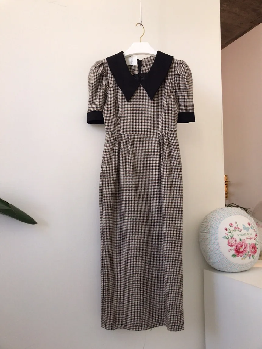 

Korean Chic Elegant Young Spring Elegant Lapel Millennium Plaid High Waist Slimming Mid-Length Puff Sleeve Dress