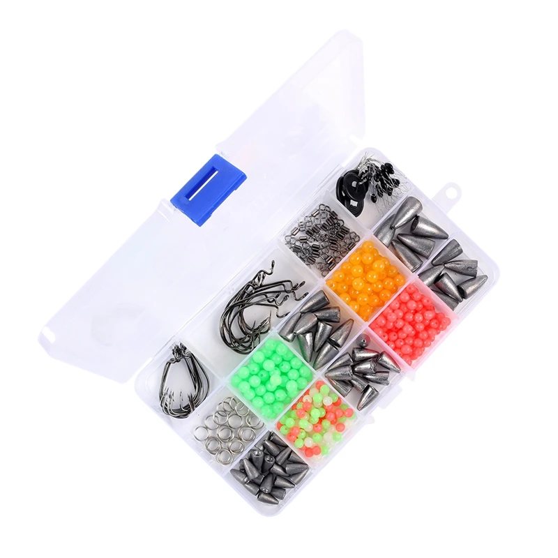 

389 шт. набор рыболовных снастей, включая грузики, поворотные рыболовные бусины, разделенные для окуня, лосося, окуня, рыболовные аксессуары
