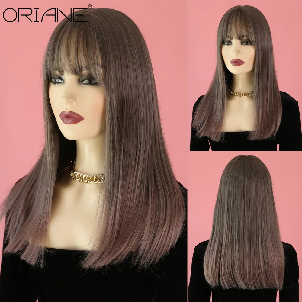 

ORIANE Chocolate Color Synthetic Wigs With Bangs For Women 14 Inch Long Omber Brown Hair Layered Heat Resistant Cosplay Wig