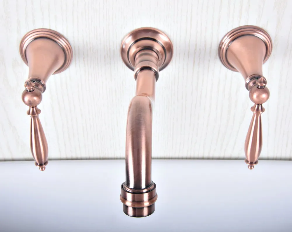 

Antique Red Copper Brass Wall Mounted Dual Handles Widespread Bathroom 3 Holes Basin Tub Faucet Mixer Water Taps msf506