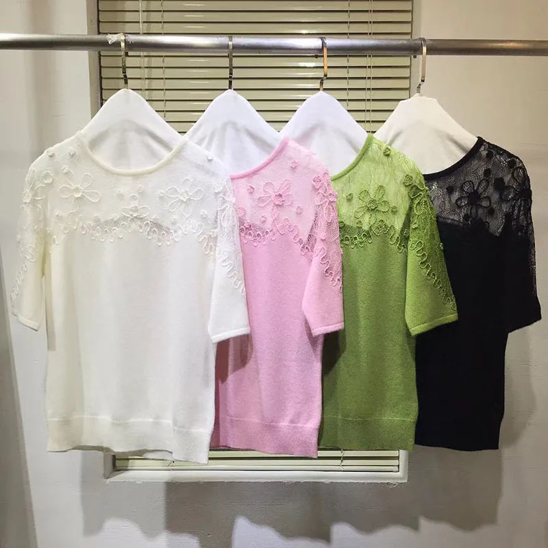 

2021 New Summer Luxury Runway Design Knitted Pullover Women Short Sleeve Lace Embroidery Cashmere Sweet T-shirt Sweater Tops