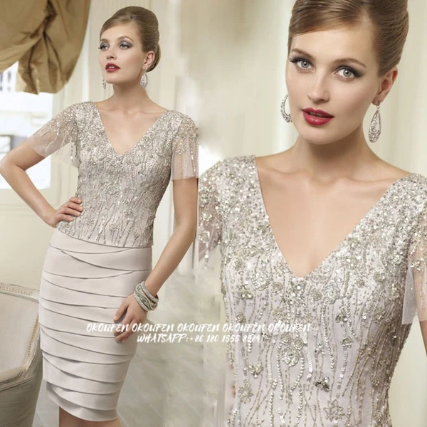 

Short Mother Of The Bride Dresses Knee Length Tiered Skirt V-Neck Heavy Beadings Wedding Guest Party Gown vestido de fiesta boda