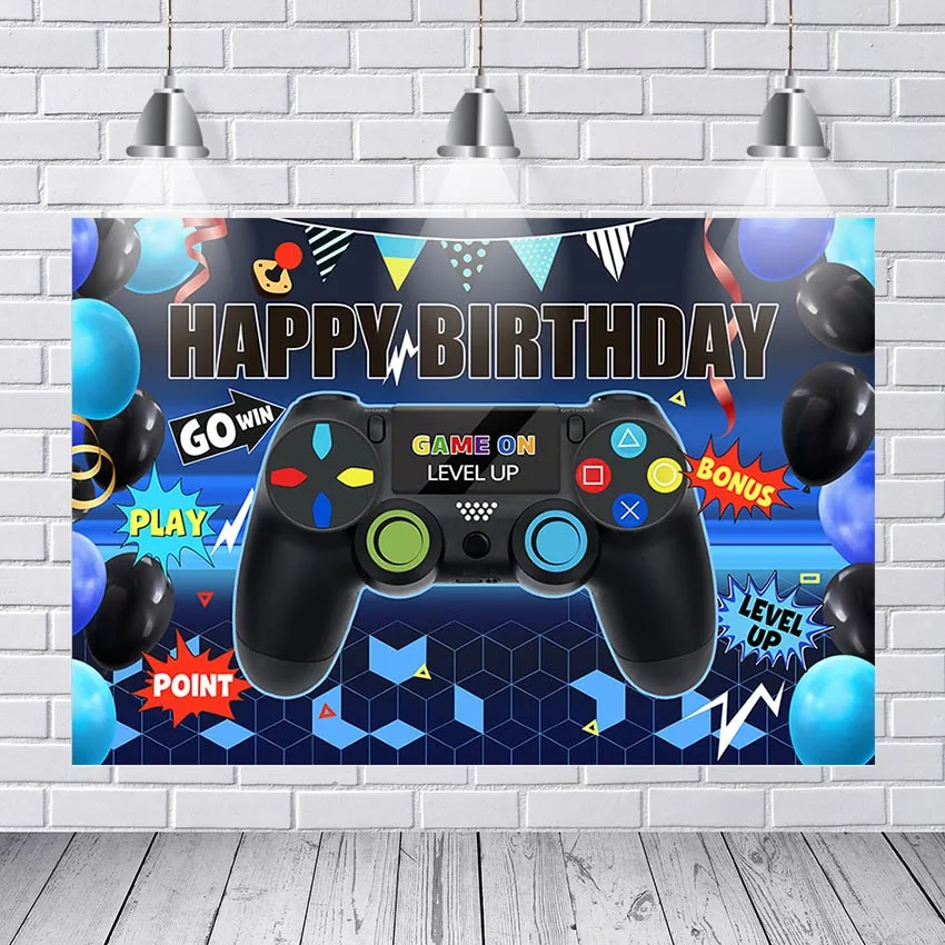 

Game Console Backdrops Happy Birthday Party Boy Handle Balloon Blue Banner Photography Backgrounds Photo Studio Photozone Props