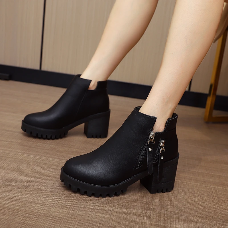 

Women Boots 2021 Autumn Winter Fashion Round Toe Thick Bottom Lady Office Casual Leather Shoes Luxury Zipper High Heel Boot