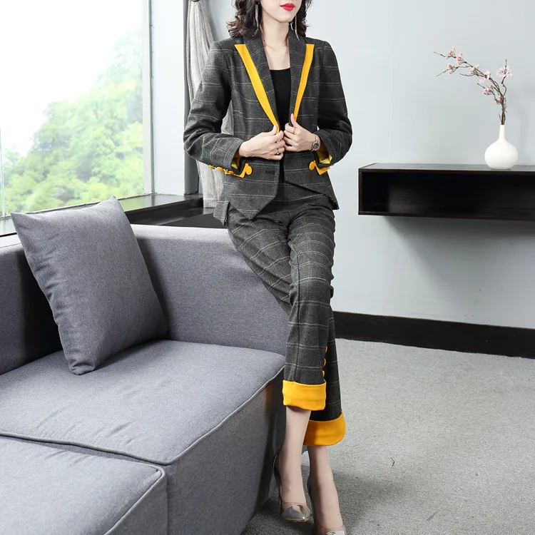 Vogue of new of autumn winters commuter plaid suit color matching collar suit collect waist feet nine minutes of pants