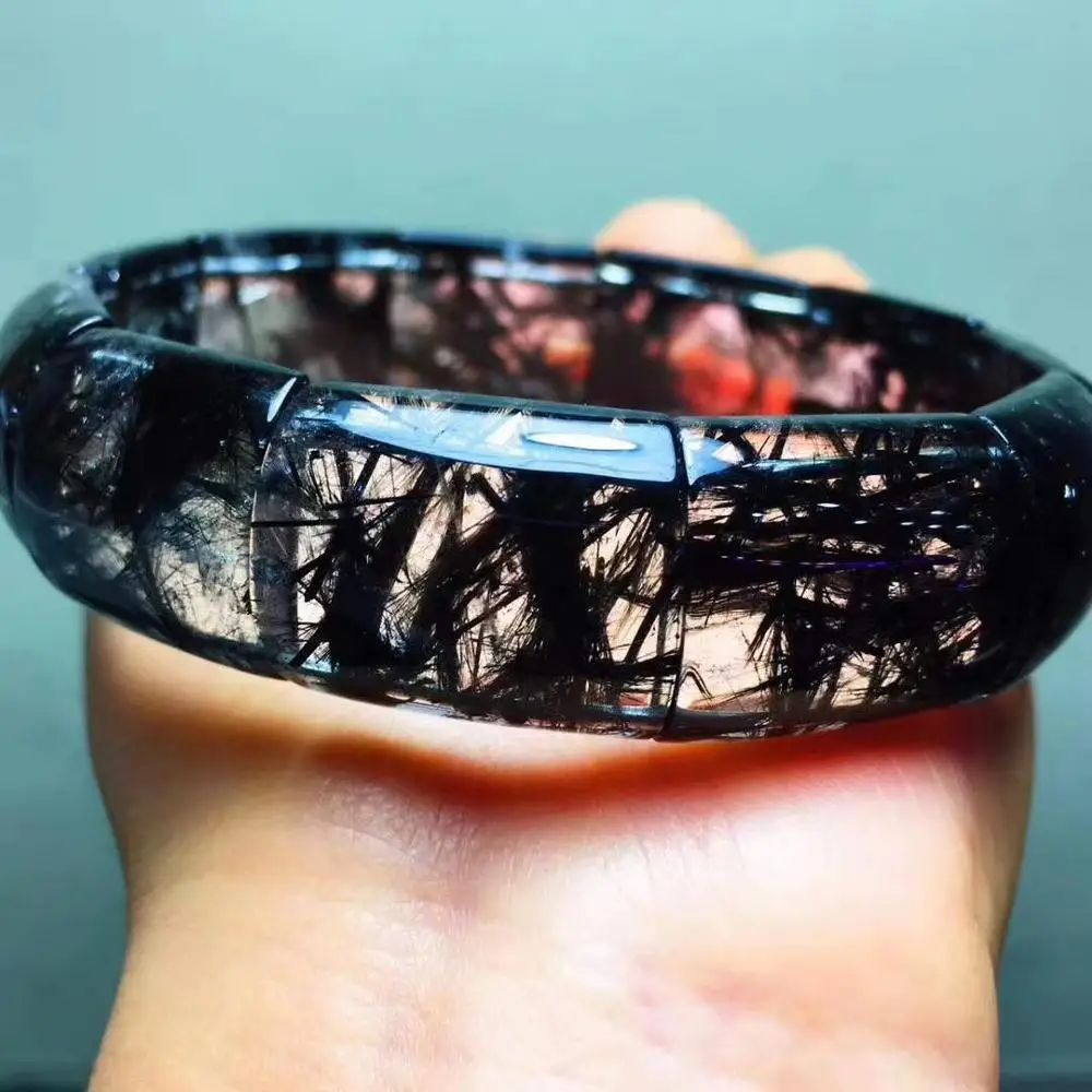 

21x17mm Top Natural Black Rutilated Quartz Bracelet Bangle For Woman Man Crystal Brazil Rectangle Beads Gemstone Stretch AAAAA