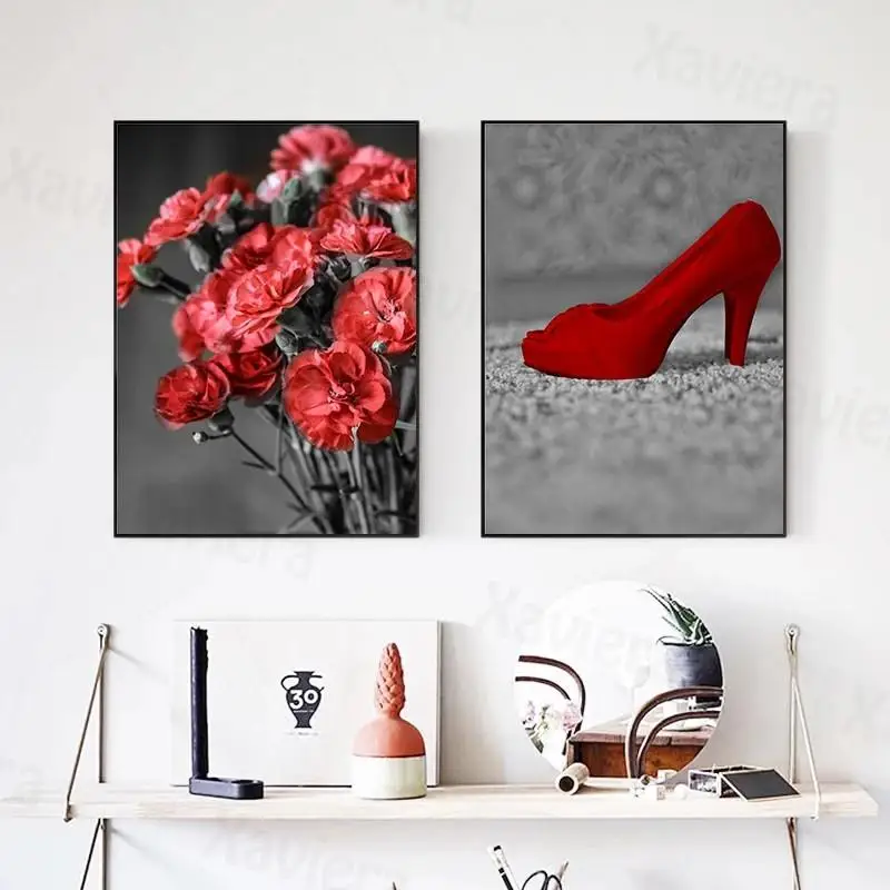 

Modern Fashion Poster Red High Heels Rose Flower Lock Canvas Painting Interior Wall Art Dark Picture Home Decoration Living Room