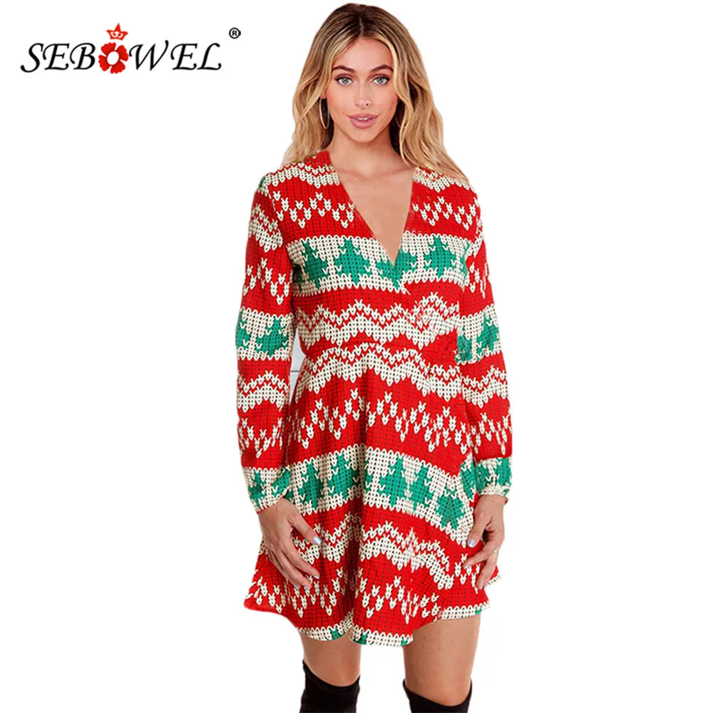 

SEBOWEL Autumn Christmas Women's Long Sleeve V-neck Mini Dress Female Lady Slim A-line Print Dresses Xmas Party Clothes S-XL
