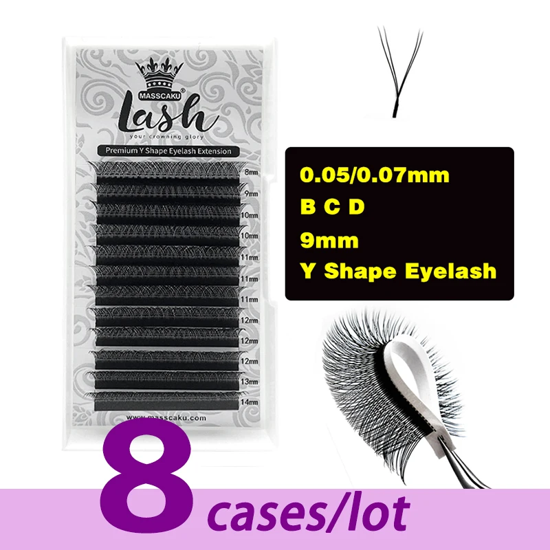 8 Cases/Lot Best Selling Y-Shaped 0.05/0.07 Individual Eyelash Fluffly Slik Lash Extensions Private Label Mink Eyelash Trays