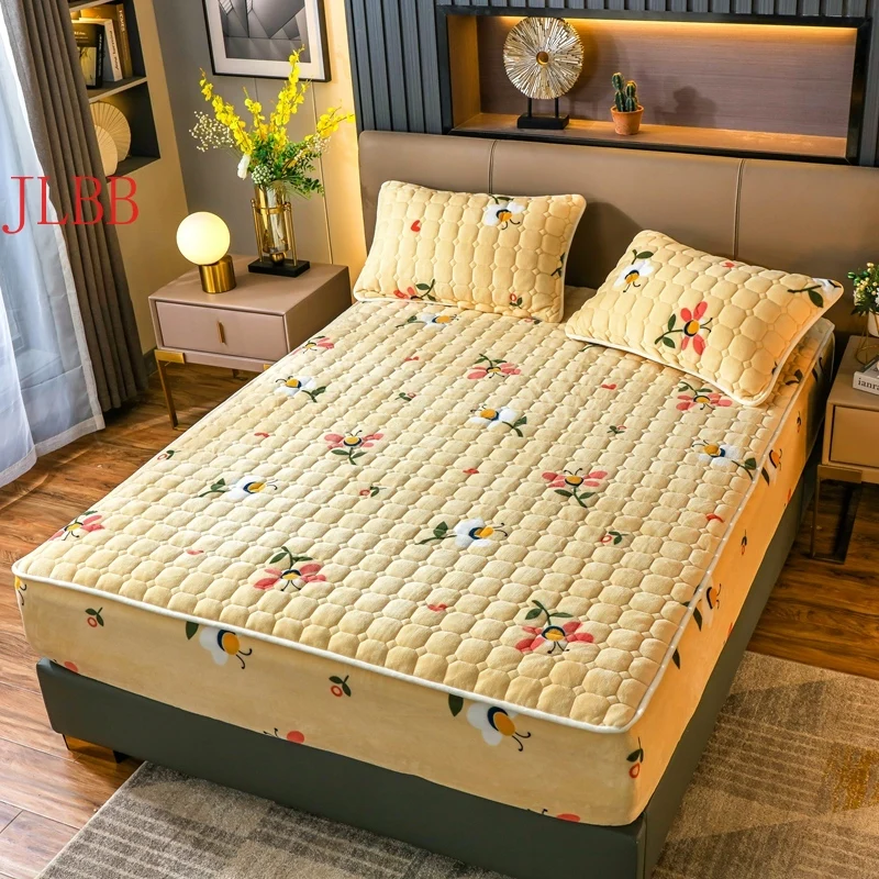 

Milk Fleece Fitted Sheet Set Printed Flannel Thicken Elastic Fit Bed Linen Warm Cotton Padded Cover Winter Mattress bedspread