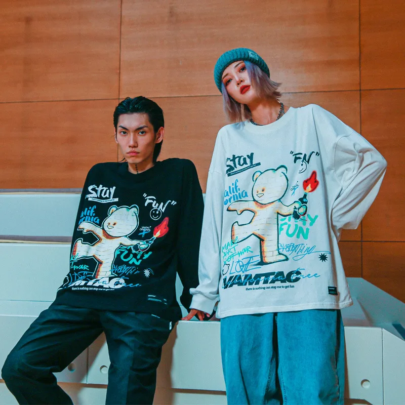 

Dropshipping Harajuku Graffiti Bear Print Tshirts Long Sleeve Unisex Streetwear Hip Hop Casual Cotton Loose Tees Shirts Men Tops