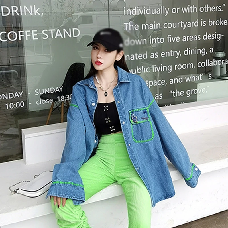 

CHICEVER Vintage Denim Jackets For Women Lapel Collar Long Sleeve Single Breasted Pockets Jackets Female 2021 Clothes Summer New