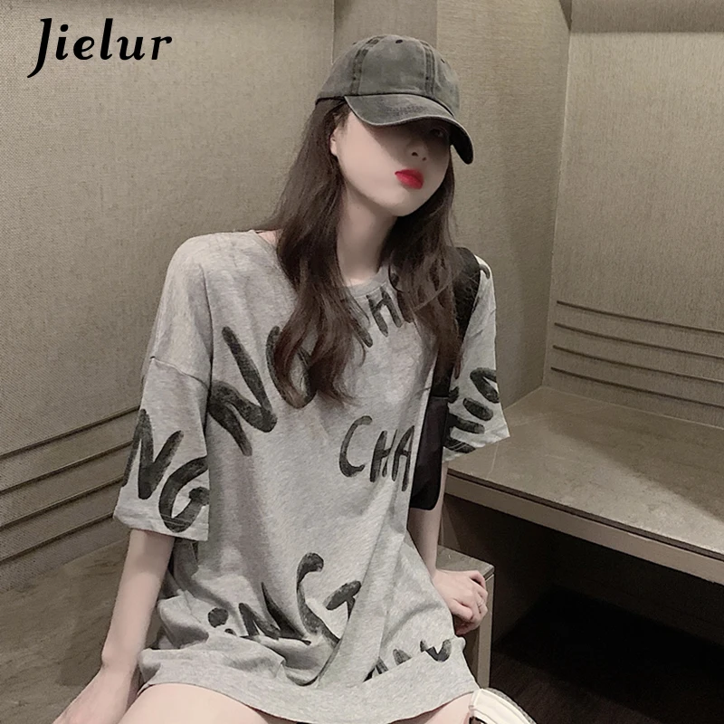 Jielur с О-образным вырезом Женские футболки белого и серого цвета короткими