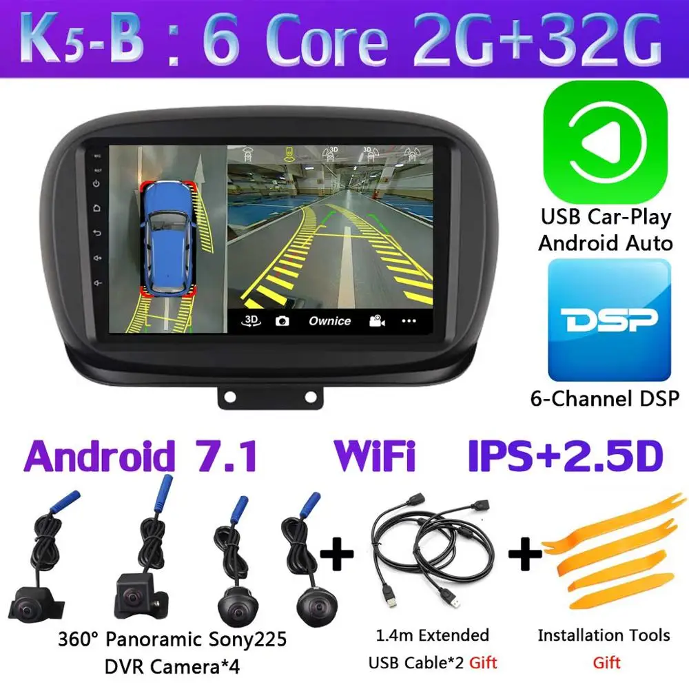 K5-B-CarPlay 360 ° Панорамное 8 ядро 4G+ 64G Android 9,0 автомобильное мультимедийное радио для FIAT 500X- головное устройство gps навигация SPDIF DSP CarPlay - Цвет: K5-B-CarPlay