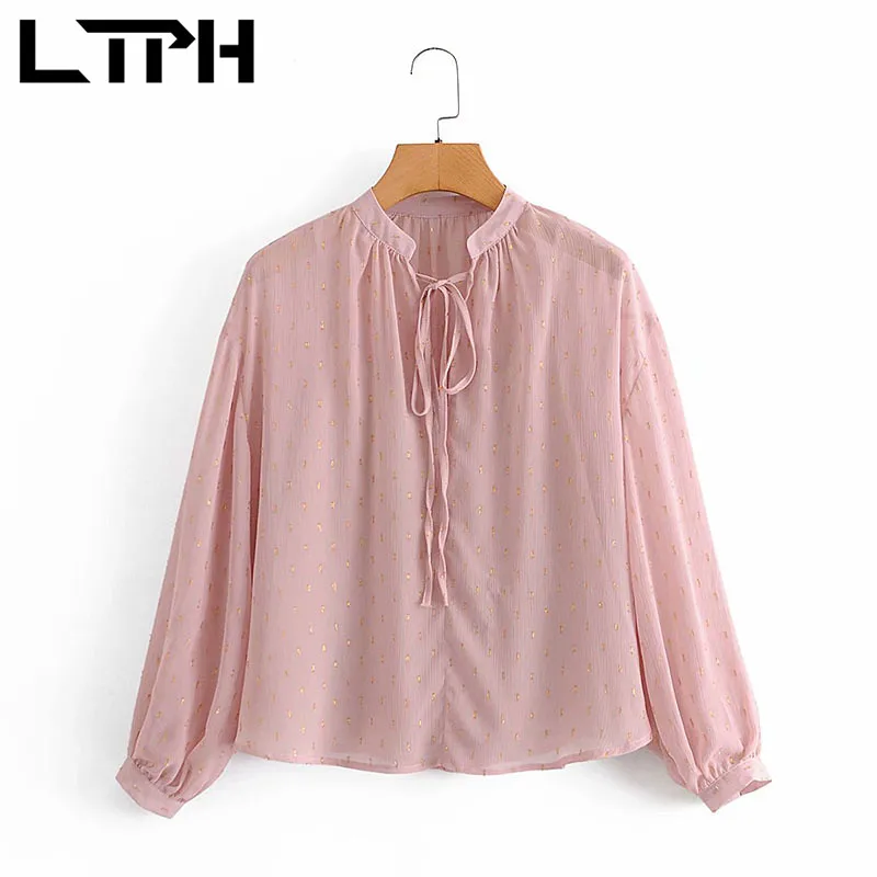 

LTPH Sweet Fresh Chiffon Shirt Pink Thin Long Sleeve V-Neck Lace-up Metal cut flowers vintage blouses for women 2021 Summer New