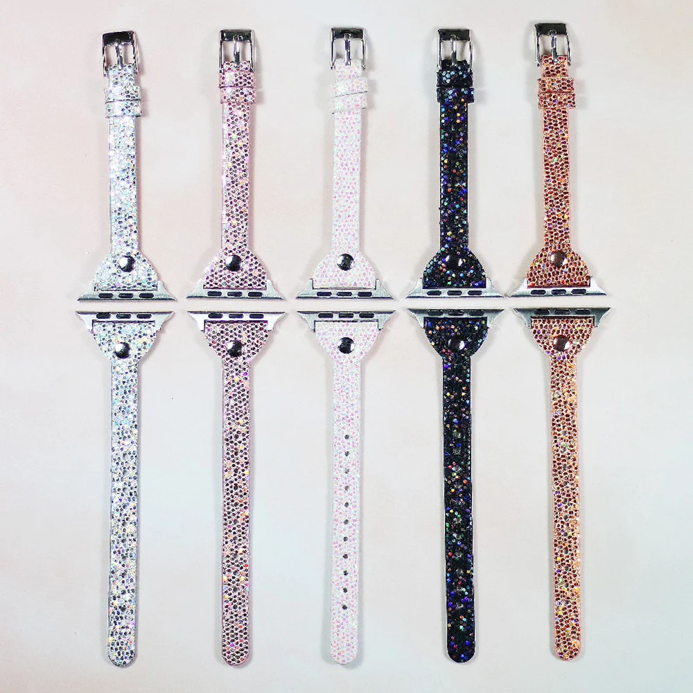 

New Leather Rivet Slim Bling Fit Strap for Apple Watch SE Band Series 6 5 4 3 Bracelet for iWatch 44mm 40mm 42mm 38mm Wrist Belt