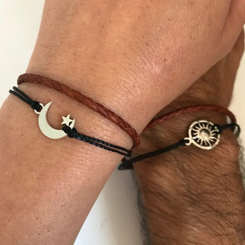 

Sun And Moon Leather Bracelet Adjustable Couples Lover Best Friends Gift New Fashion Trendy Wholesale Jewelry