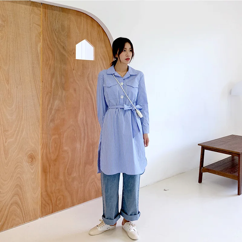 [EWQ] Весна-Осень 2020 новая полосатая рубашка с отложным воротником и длинным