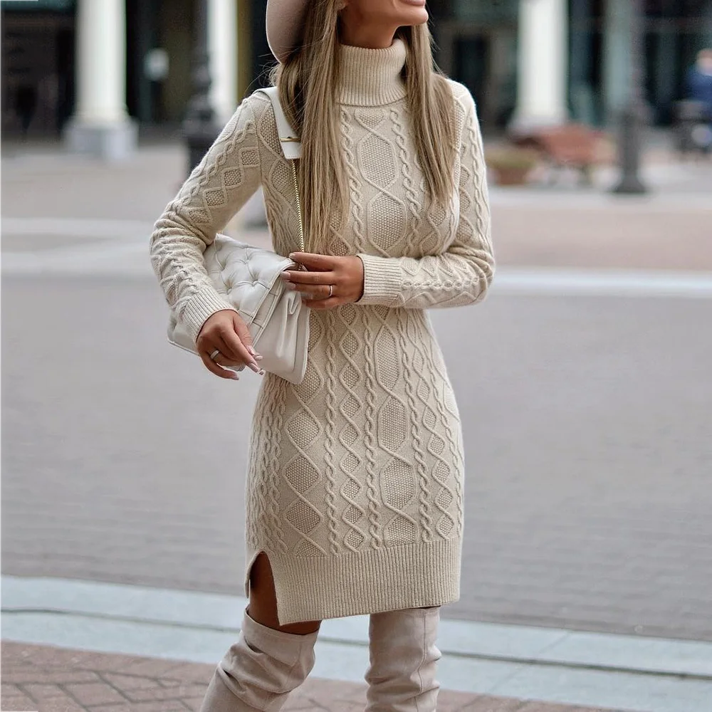 

2021 Turtleneck Knitted Sweater Dress Women Winter Pullover Fashion Warmness Casual Long Sleeve Jumper Sweaters Bodycon Dresses