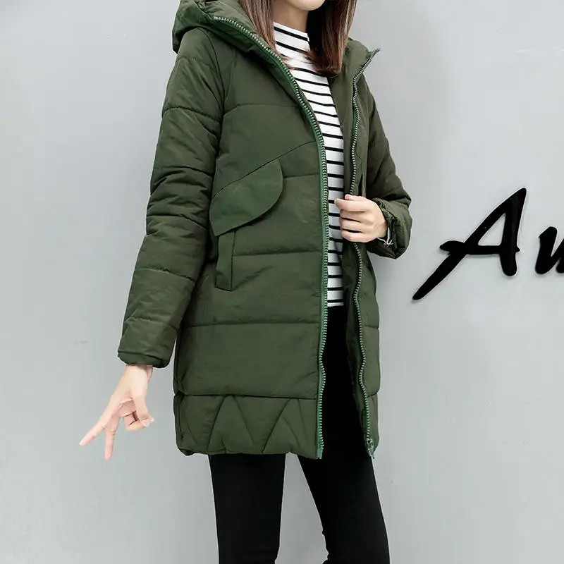 Army green Parka Осенне-зимняя куртка женская Свободная теплая утепленная с капюшоном пуховая Хлопковая женская парка с подкладкой, большие размеры, зимнее пальто Женская 3XL q197 - Цвет: Army green Parka