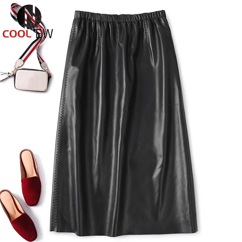 

Women Elastic Waist Mid Real Sheepskin Skirt Office Ladies Slim Fit Wrap Skirts Autumn New Vintage Genuine Leather Mujer Faldas