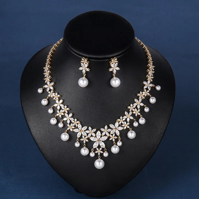 WEIMANJINGDIAN кубический цирконий и ракушка жемчужное цветочное ожерелье серьги