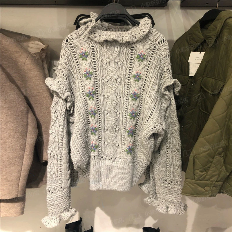 

HWLZLTZHT Women Embroidery Oversized Sweater Long Sleeve Ruffle Relaxed Fit Knit Top Female Autumn Flower Sweaters Pullover