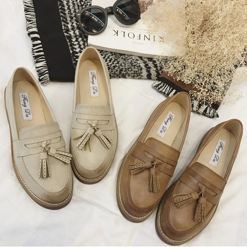 

Fringe Leather Flats Women Preppy Oxford Shoes Casual Slip On Derby Loafers College Students Moccasins Ladies Tassel Espadrilles