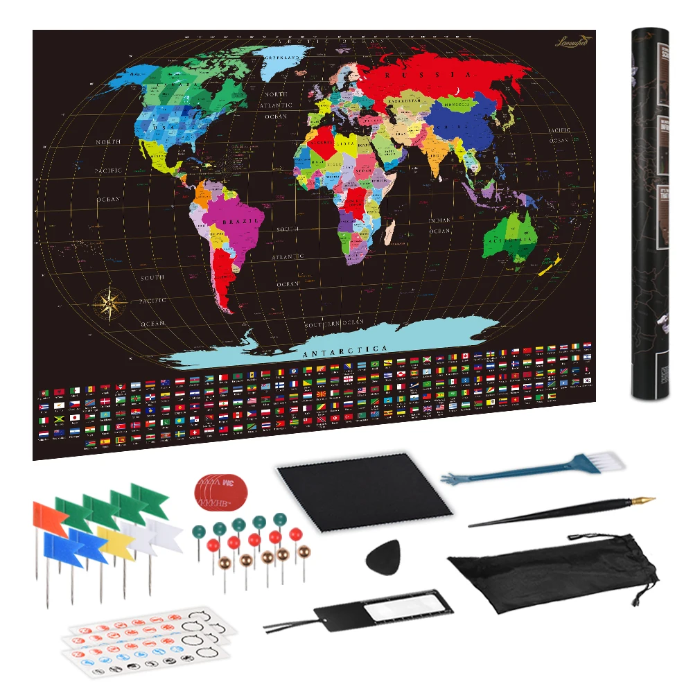 Large Size Scratch Off World Travel Map Wall Sticker Poster Vibrant Colors Detailed Journal Planner Gift Package for Travelers