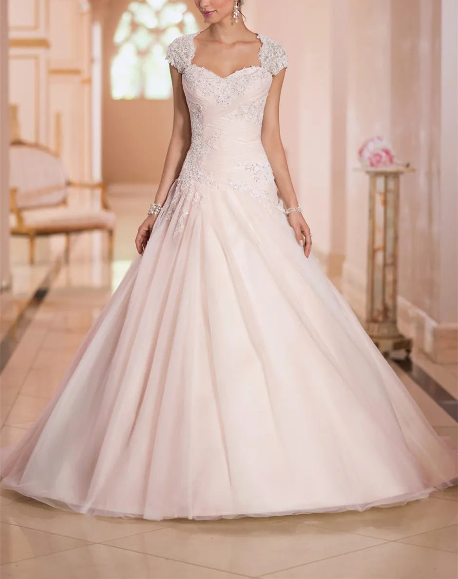 

2019 New vestido de noiva Beautiful Wedding Dresses Sweetheart Cap Sleeves Sleeveless Lace Up Back with Court Train Ball Gowns