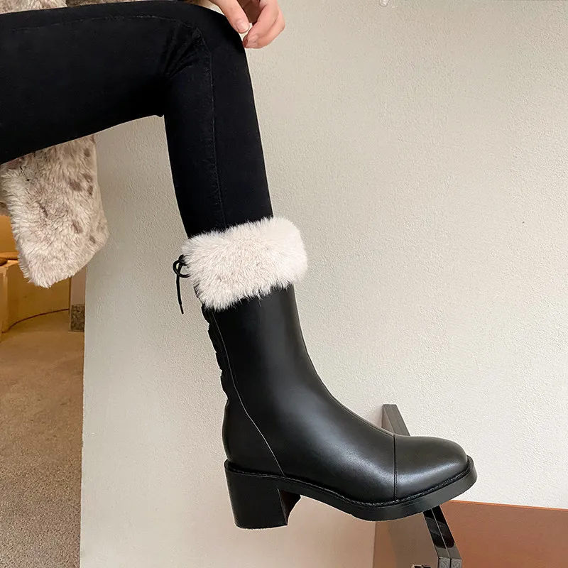 

MEMUNIA 2021 Top Quality Genuine Leather Ankle Boots Women High Heels Casual Shoes Round Toe Warm Thick Fur Snow Boots Women