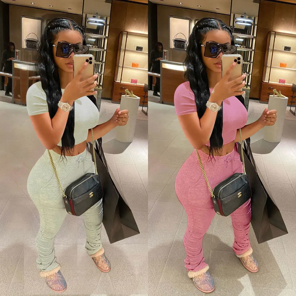 

2 Piece Sets Womens Outfits Piled Pants For Women High Waist Sport Sweatpants Pockets Drawstring Y2K Cargo Pants Casual Suit