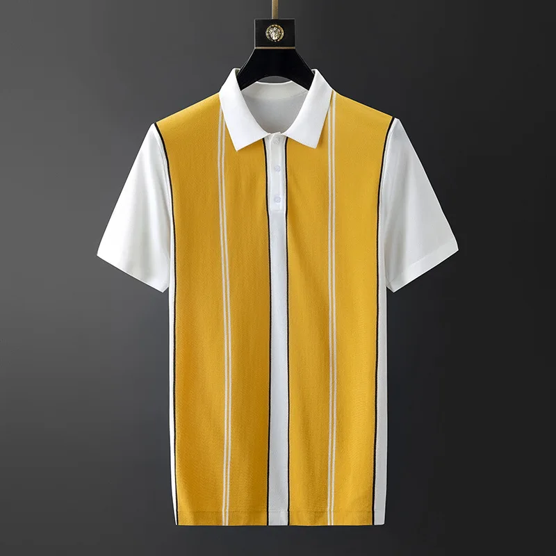 

Summer new knitted short sleeve ice silk work polo shirt color contrast fashion trend white collar casual Top Men