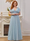 Женское вечернее кружевное платье с V-образным вырезом, длинное ТРАПЕЦИЕВИДНОЕ шифоновое платье небесно-голубого цвета с оборками на рукавах для гостей свадьбы