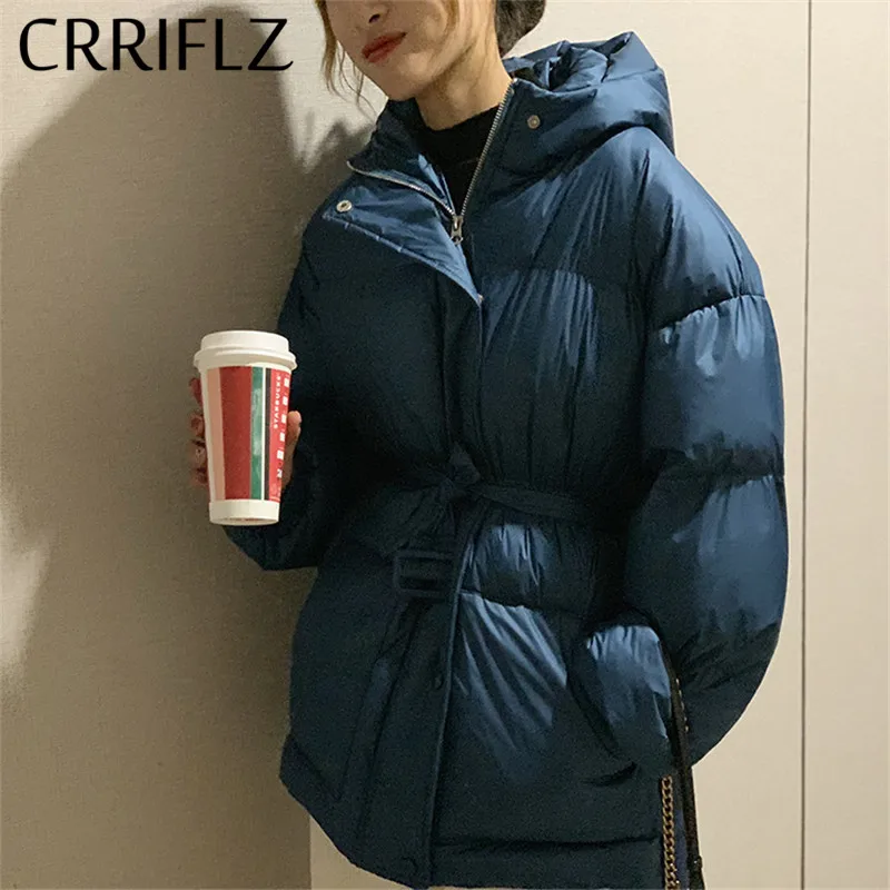 CRRIFLZ Новый пуховик с коротким регулируемым поясом пальто капюшоном простая