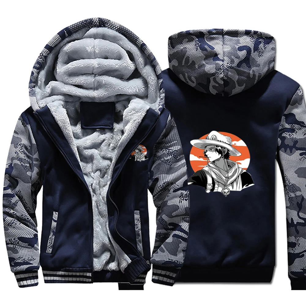 

One Piece Japanese Anime Portgas D Ace Camo Raglan Thick Hoodies Winter Warm Printed Sweatshirts Coat Men Fitted Street Jackets