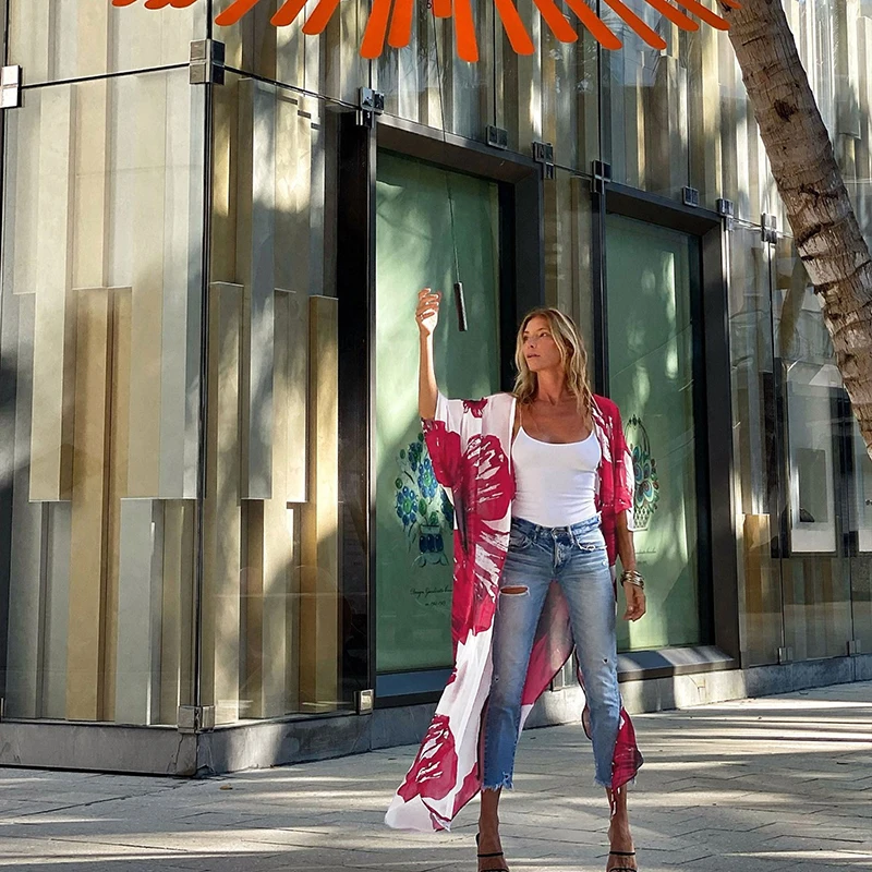 

2021 Chiffon Beach Cover up Pareos Plus size XXL Loose Kimono Beach Kaftan Beachwear Red Print Tunic for Beach Swimsuit Cover up