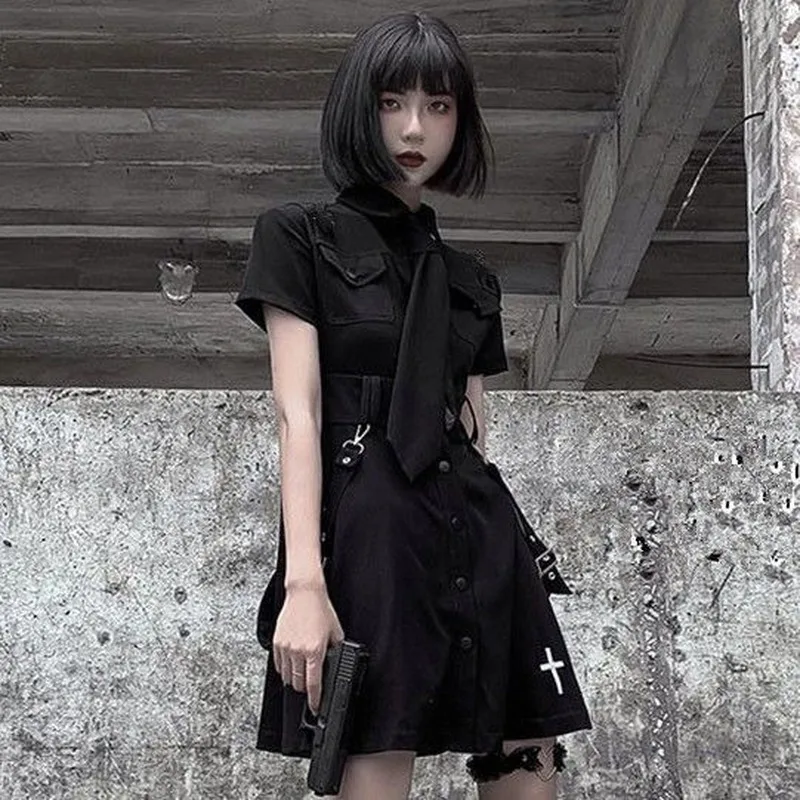

Goth Dress Punk Gothic Harajuku Summer black Mini Dress Shirt Women 2021 Short Sleeve Emo Clothes Mall Goth Dark academia