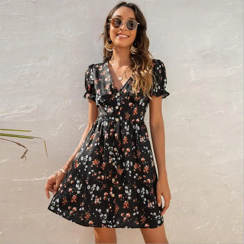 

2021 Summer New Style V-neck Women's Fashion Printed Puff Sleeve Dress Beach Holiday Women's Skirt 1822 Dress for Women