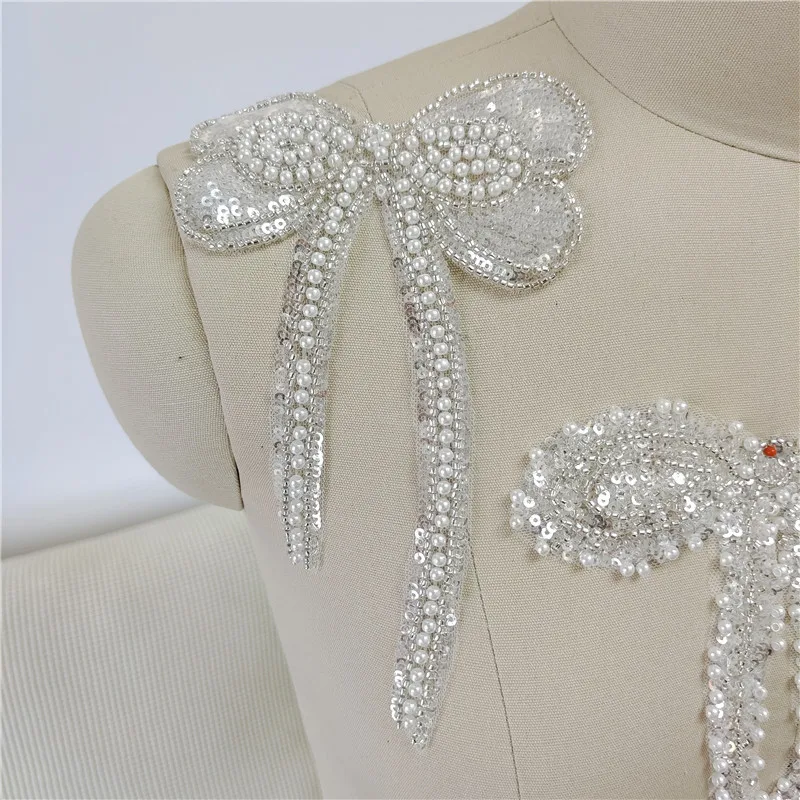 

3D Heavy Handmade Beading Lace Patches Pearls Bow DIY Wedding Dress Veil Sewing-On Patches V2782