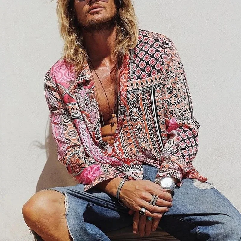 

European and American Men's Shirts 2020 New Hawaiian Casual Beach Print Long Sleeves Camisas Para Hombre Men's Clothing